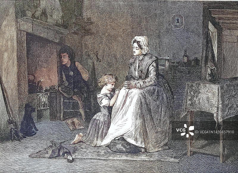 晚祷：女孩与母亲睡前祈祷，1869年，德国，历史照片，19世纪原版数字修复复制品，确切原始日期未知图片素材