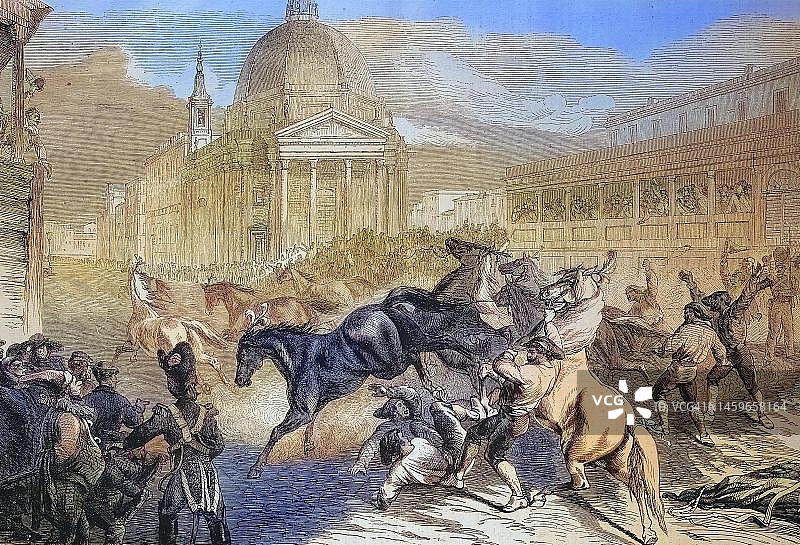 罗马狂欢节：科尔索赛马（1869年，意大利，历史影像，19世纪原版数字修复，确切日期未知）图片素材