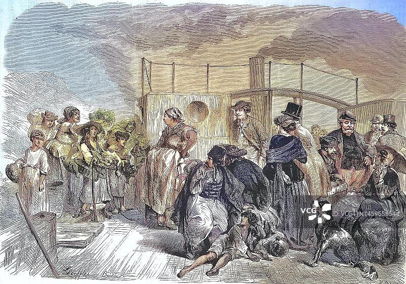 1869年匈牙利布达佩斯附近多瑙河上蒸汽船甲板上的乘客(历史照片,19世纪绘画的数字修复复制品,确切的原始日期未知)图片素材