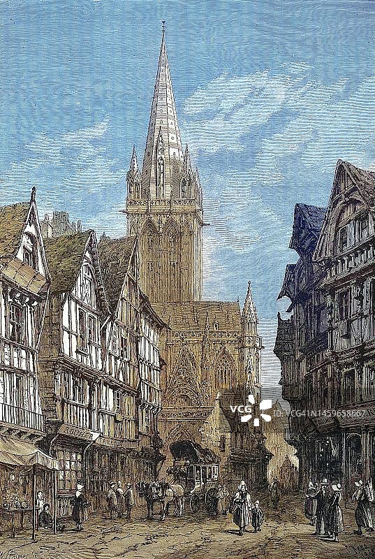 1868年的圣皮埃尔教堂，位于法国诺曼底卡昂图片素材