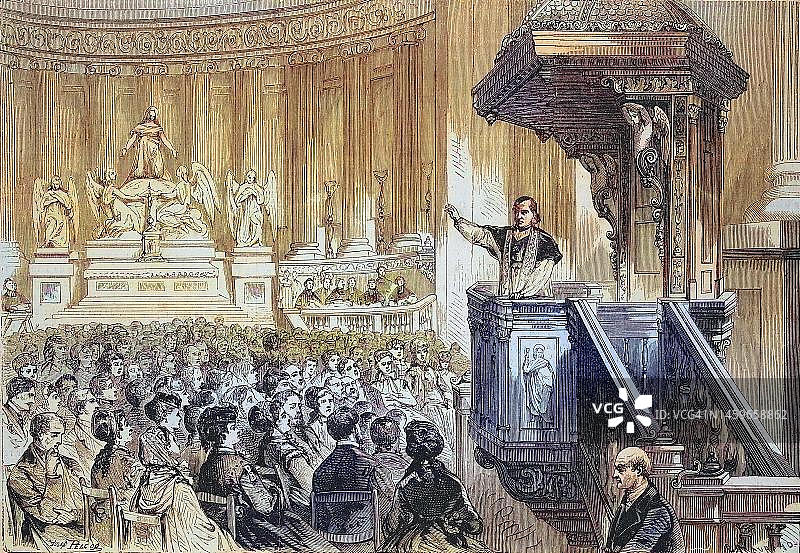 圣玛丽·玛德琳教堂内布道的农民（1869年历史数字修复再版）图片素材