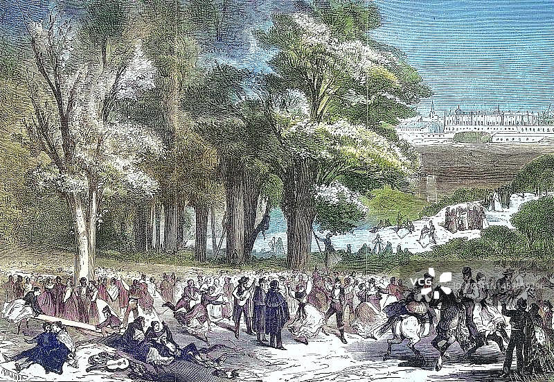 马德里的拉圣欧仁妮,首都的每个居民都有权从皇家庄园埃尔帕尔多运送他的甜橡子,1869年,西班牙,历史照片,19世纪原版的数字修复复制品,确切的原始日期未知图片素材