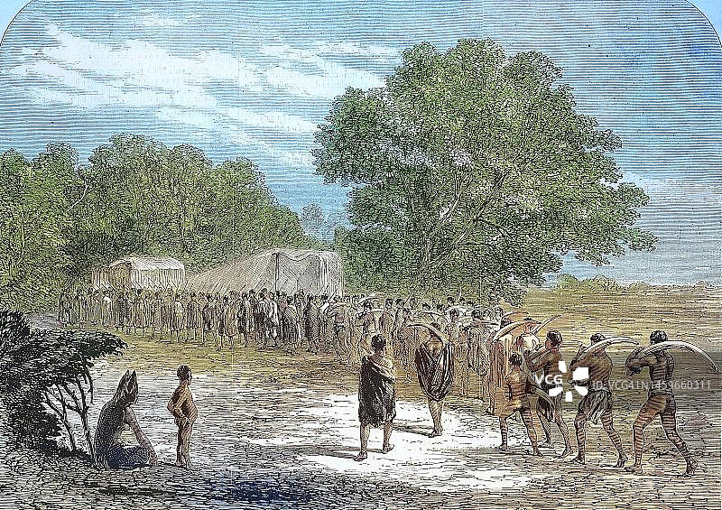 南非象牙贸易：当地人将象牙运到收购点（1869年），南非，历史资料，19世纪原创艺术品的数字修复复制品，确切的原始日期未知图片素材
