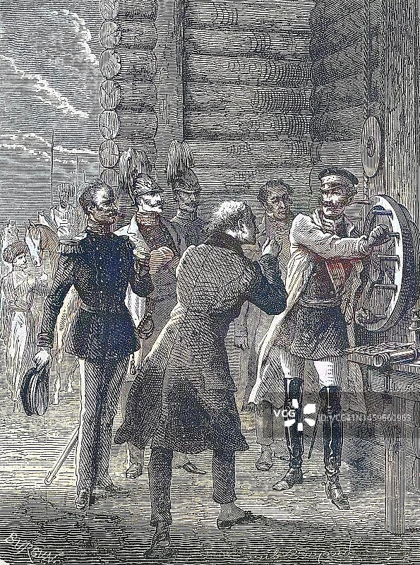 尼古拉皇帝1869年在华沙首次尝试用电报与圣彼得堡通讯，波兰，历史照片，19世纪原创艺术品的数字修复复制品，确切的原始日期未知图片素材