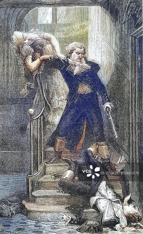 《丈夫归来》戏剧场景，男人射杀对手，1869年法国，历史资料，19世纪原版数字修复复制品，确切原始日期未知图片素材