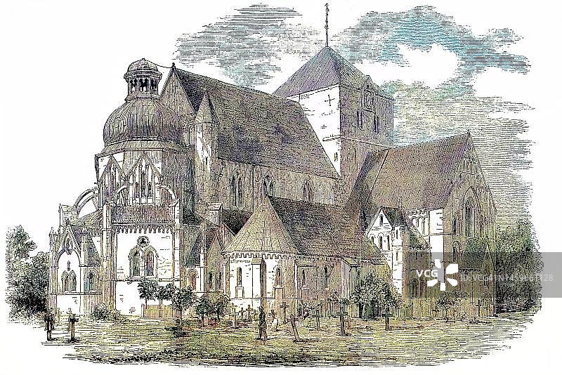 尼达罗斯大教堂：1868年的历史景观，挪威特隆赫姆大教堂的数字化修复再现图片素材