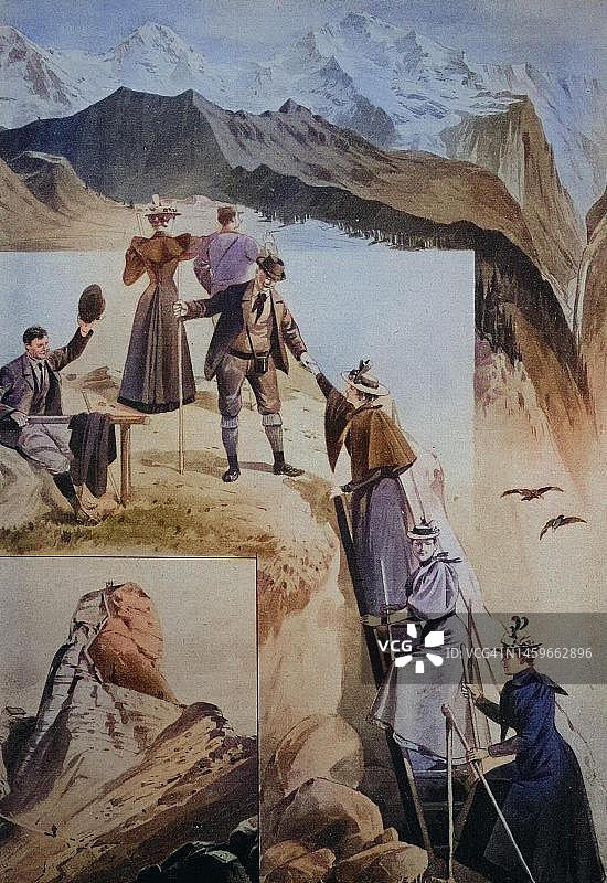在伯尔尼高地攀登古米峰的周日游览者，1880年，瑞士，历史照片，19世纪原版数字修复复制品，确切的原始日期未知图片素材