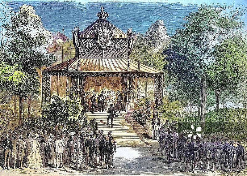 奥尔良节庆，拿破仑三世皇帝和欧仁妮·德·蒙蒂霍皇后参观农业展览，1869年，法国，历史照片，19世纪原版数字修复再现图片素材