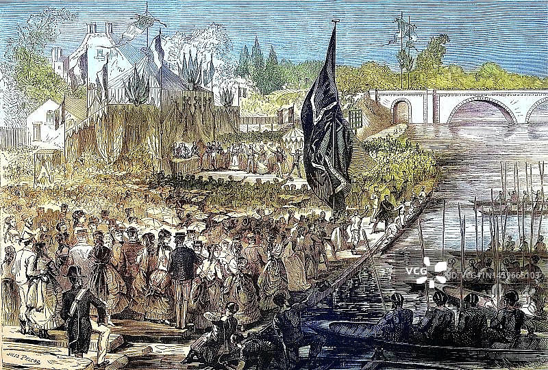 塞夫尔大帆船赛，1869年5月17日，巴黎郊区，法国，19世纪原版数字修复再现图片素材
