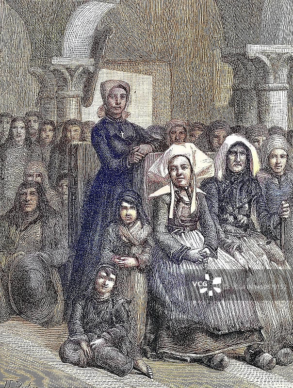 在教堂礼拜中穿着典型传统服装的妇女，1869年，法国布列塔尼，历史照片，19世纪绘画的数字修复复制品，确切的原始日期未知图片素材