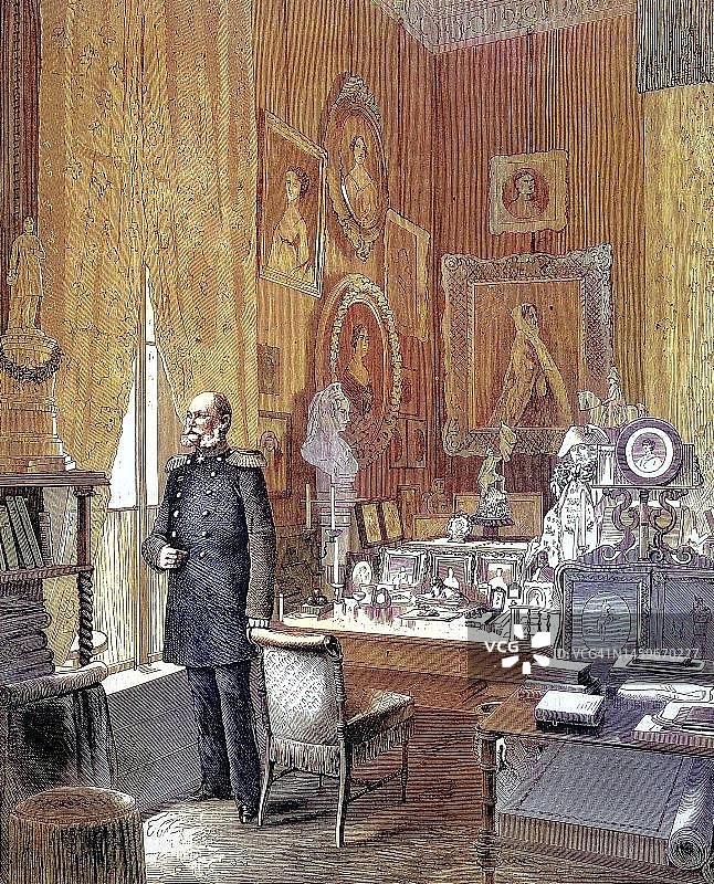 柏林皇宫中威廉一世国王的研究,1869年,德国,历史照片,19世纪绘画的数字修复复制品,确切的原始日期未知图片素材