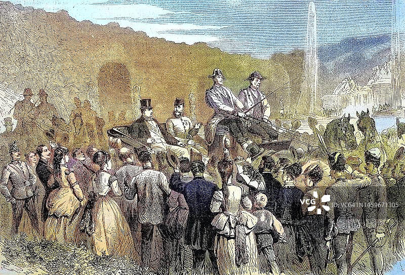奥地利皇帝和拿破仑王子在美泉宫公园，1869年，奥地利，历史照片，19世纪绘画的数字修复复制品，确切的原始日期未知图片素材