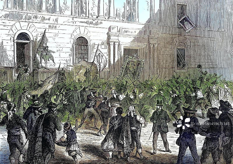 1869年马德里公共工程部前的示威游行（历史影像数字化修复）图片素材
