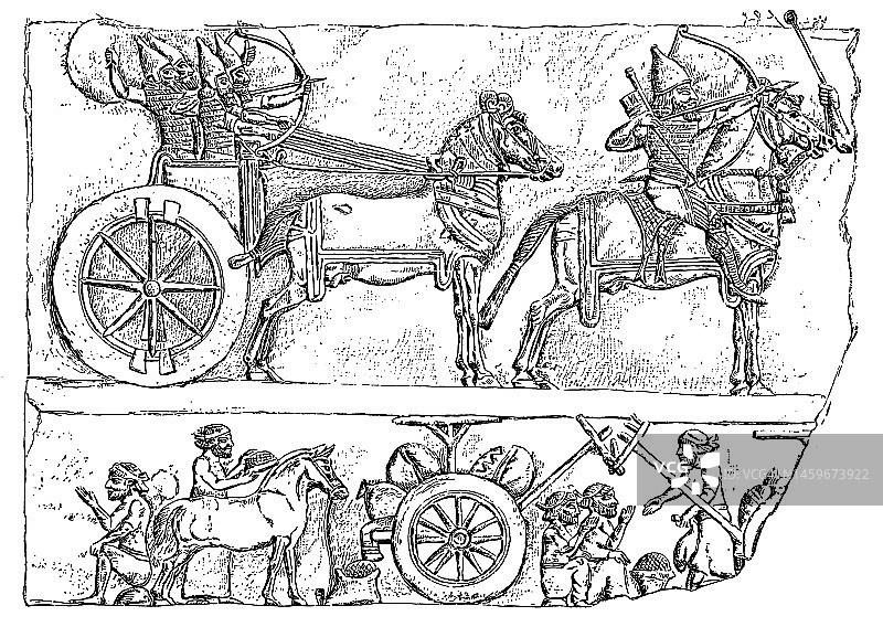 亚述浮雕：战车上的弓箭手和劳作的农民，古版画图片素材