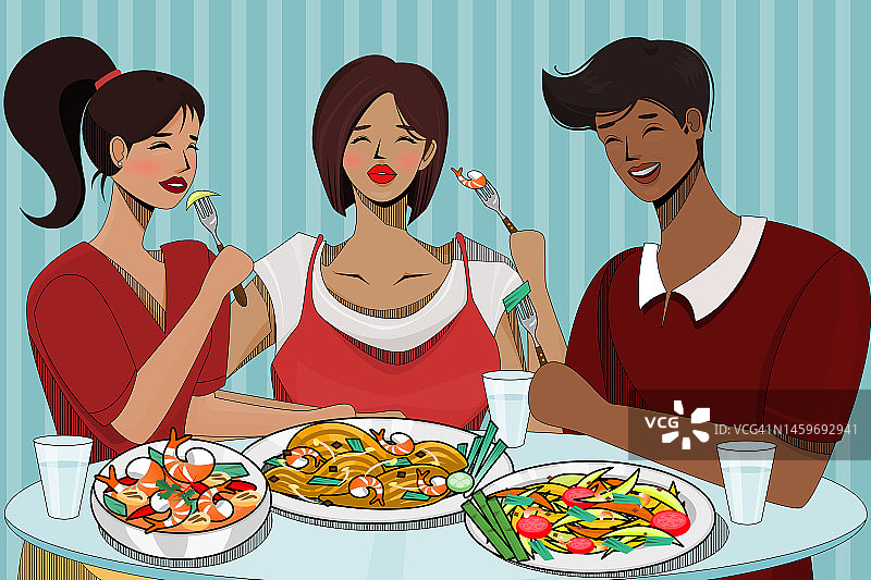 地方美食插画概念：一群不同肤色的人在餐厅享用美味的泰国传统美食图片素材