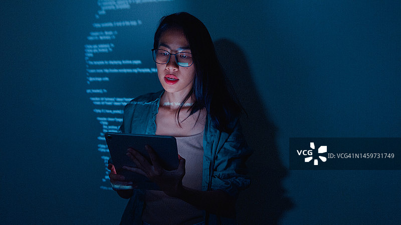 年轻的亚洲女软件开发人员指导团队，与高管团队交谈，分析办公室夜间的源代码图片素材