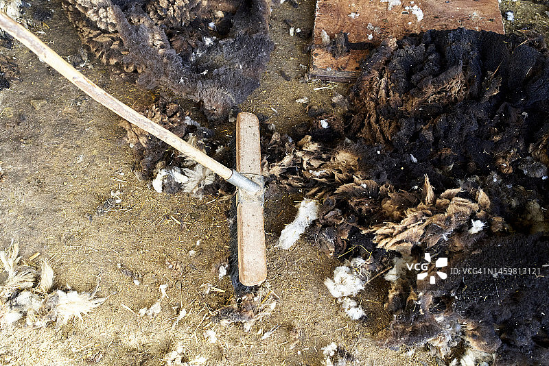 在农场用刷子清扫地板上烧焦的羊毛的匿名人士图片素材