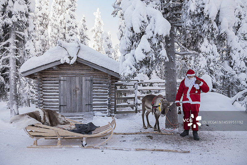 雪林中乘坐雪橇和驯鹿的圣诞老人图片素材