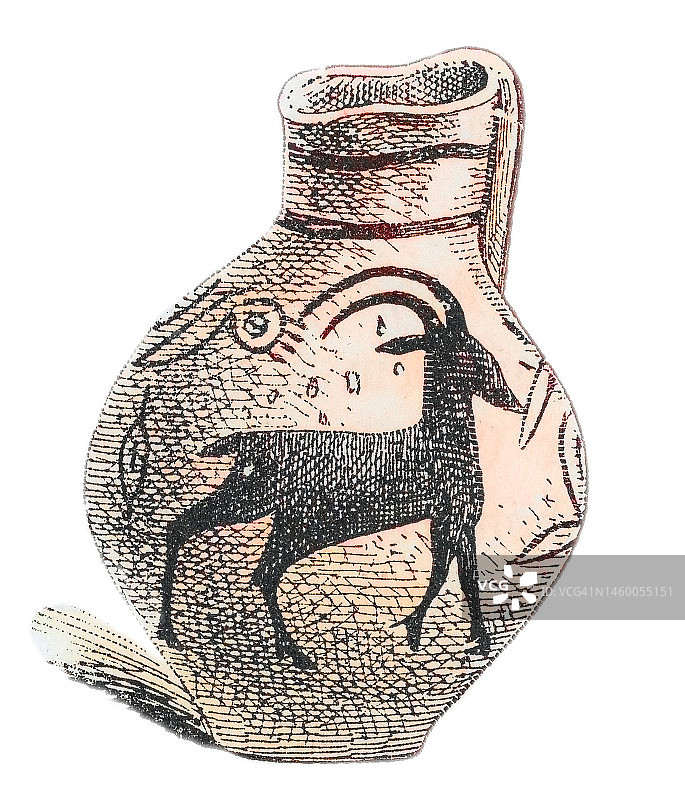塞浦路斯古代彩绘装饰陶器花瓶和水罐老式雕刻插图图片素材
