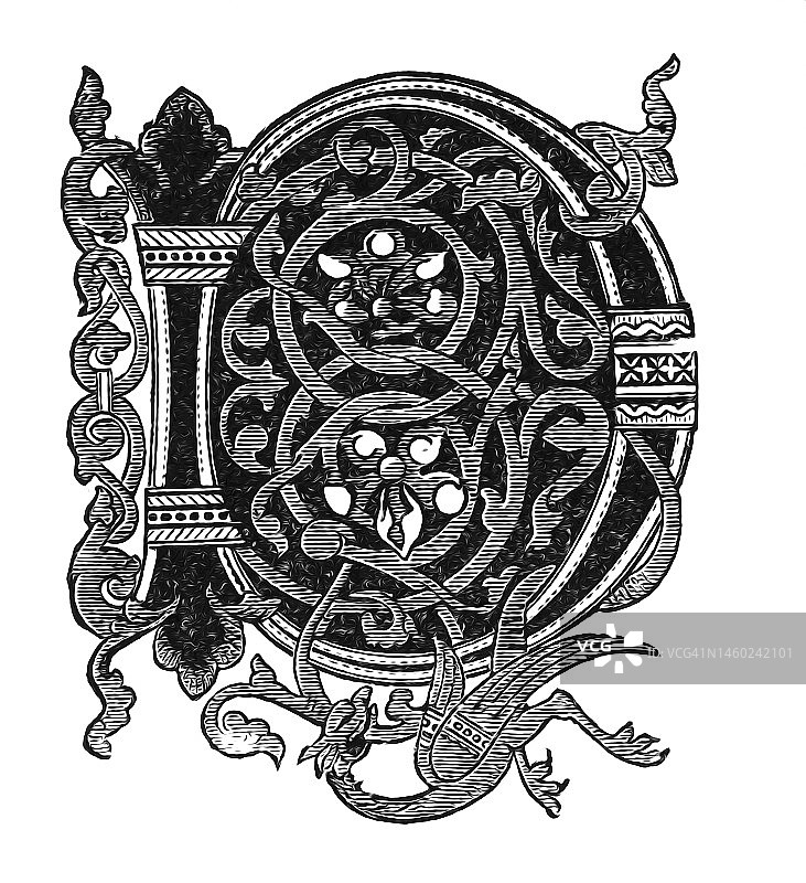 字母D装饰图案的复古雕刻插图图片素材