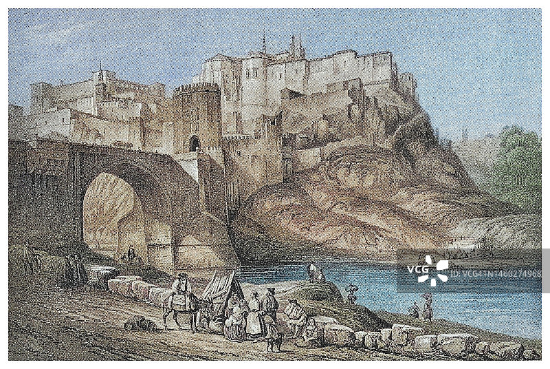 西班牙托莱多历史城市景观古版画插图：阿尔卡萨城堡和阿尔坎塔拉罗马拱桥图片素材