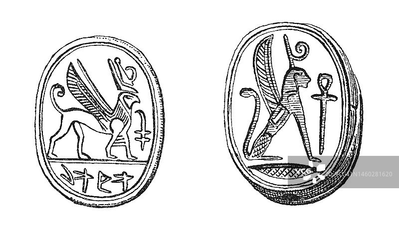 装饰切割的腓尼基印章的老雕刻插图图片素材