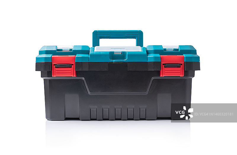 白色背景上的绿色塑料工具箱图片素材