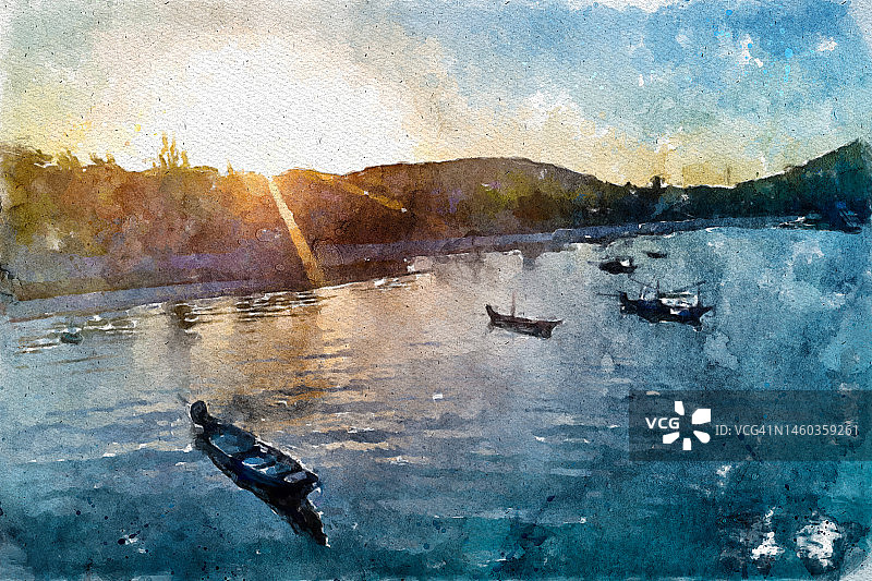 热带海滩水彩画，色彩鲜艳图片素材