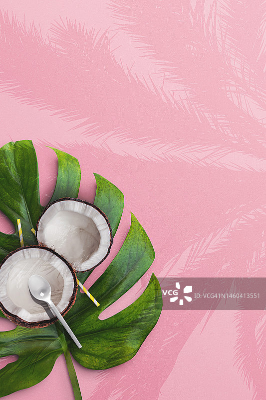 椰子饮品与龟背竹叶图片素材
