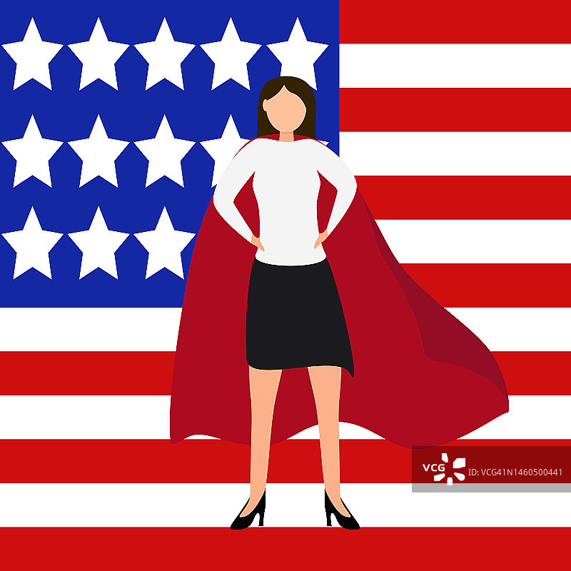 美国国旗背景上的白色卡通超级女人图片素材