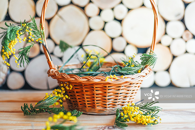 木质背景上的空购物车、含羞草花朵、春天、复活节篮子、节日背景图片素材
