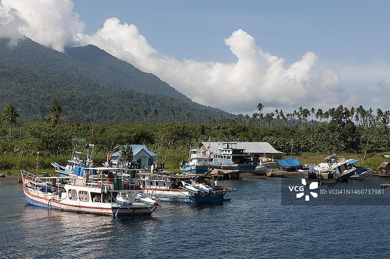 印度尼西亚哈马黑拉岛莫卢卡斯群岛小海湾的渔船图片素材