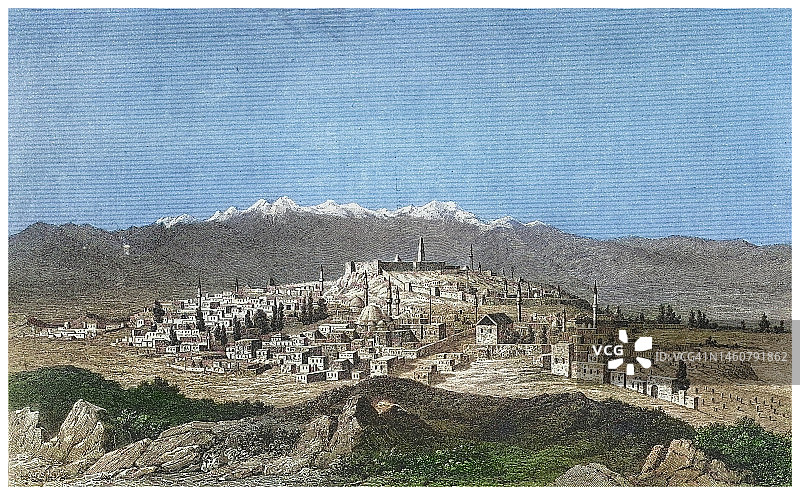 老式雕刻插图：埃尔祖鲁姆，埃尔祖鲁姆省最大的城市和首府，海拔1900米图片素材