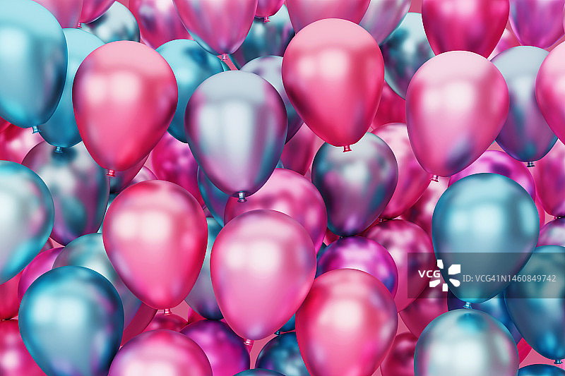 闪亮的粉色、紫色和蓝色气球，美丽的3D问候背景图片素材