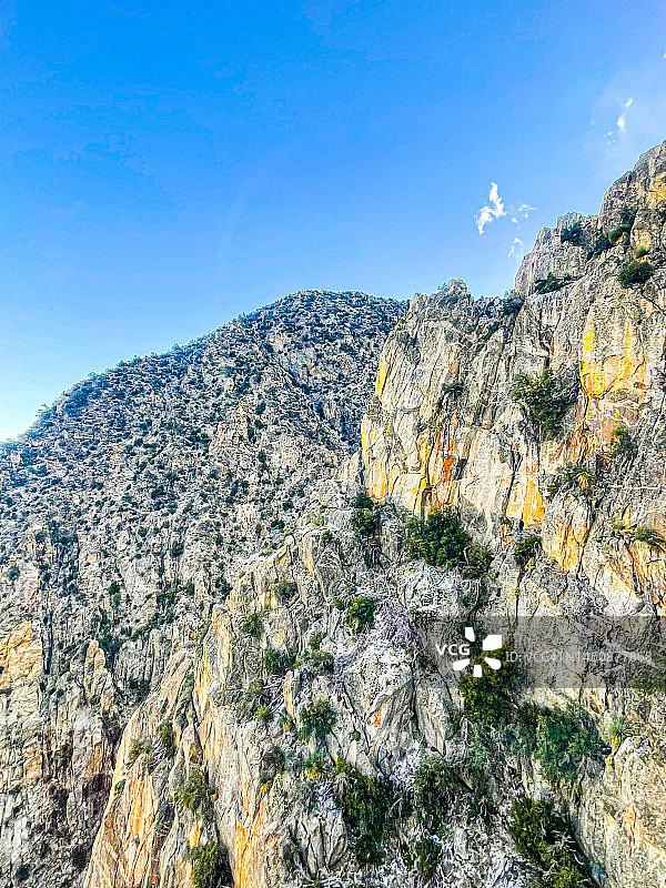 棕榈泉陡峭的岩石峭壁和绿色树叶图片素材