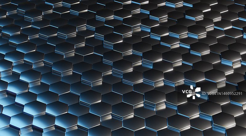 六边形立方体的闪亮金属阵列抽象几何背景图片素材