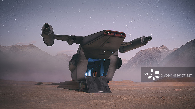 尘土飞扬的星球上的小型货运飞船图片素材