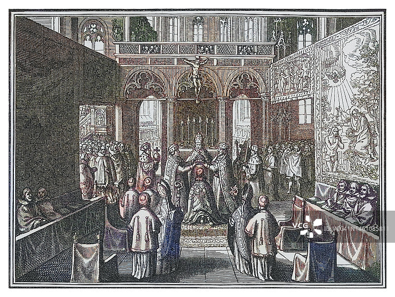 皇帝马蒂亚斯在德国法兰克福的帝国加冕古老雕刻插图图片素材