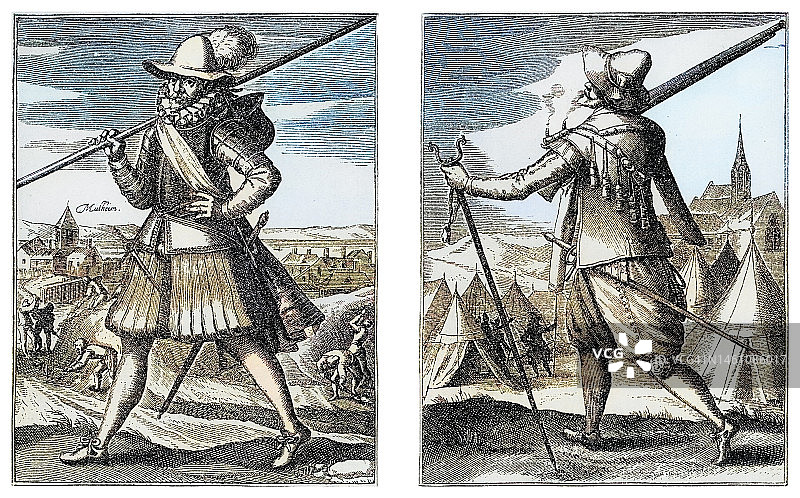 17世纪初长矛兵和火枪手古老版画插图图片素材