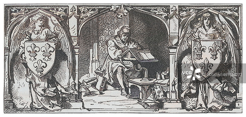 中世纪抄写员伏案手抄书籍雕刻插图图片素材