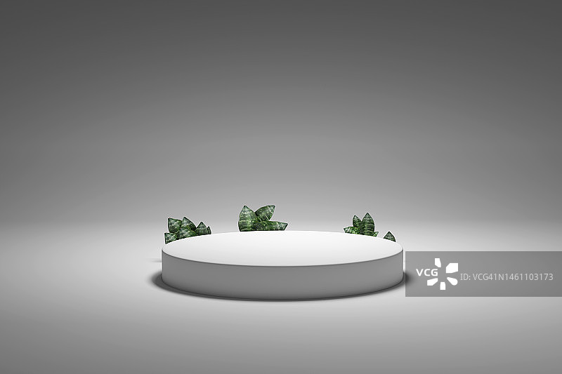 带绿色植物的空白白色领奖台3D渲染图片素材