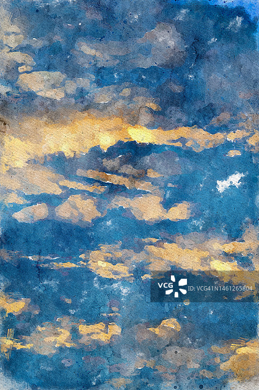 水彩画风格的戏剧性天空与云彩背景。数字绘画。图片素材