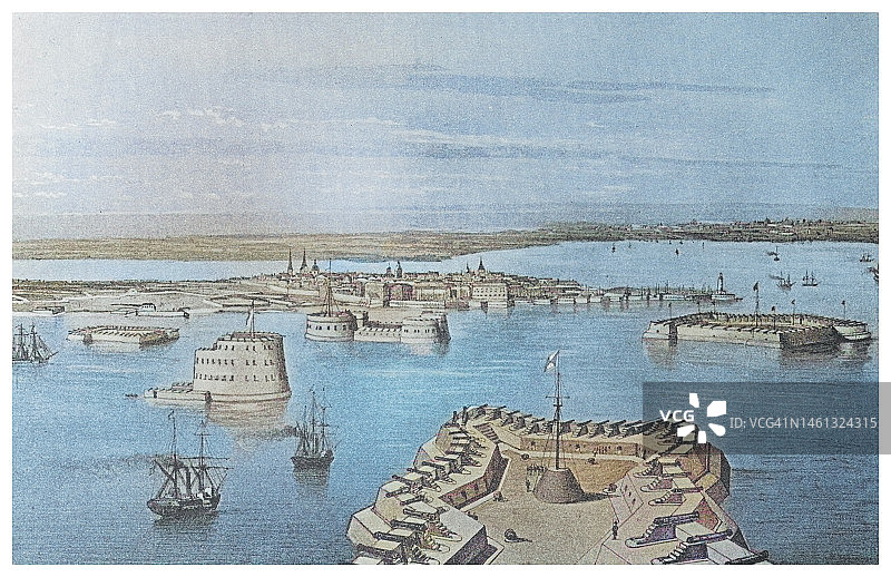 俄罗斯圣彼得堡喀琅施塔得市的喀琅施塔得市，旧式三层堡垒构成了该地主要防御工事的古老雕刻插图图片素材