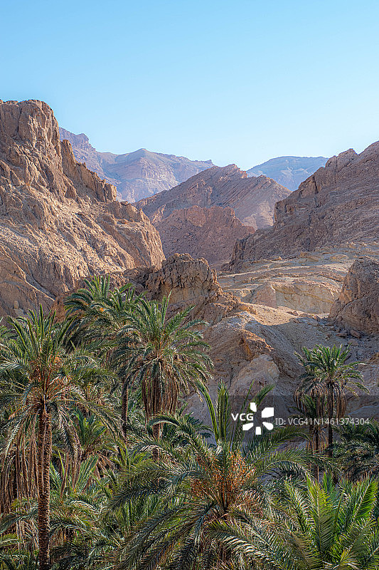 突尼斯托泽尔的壮丽山景，晴空万里图片素材