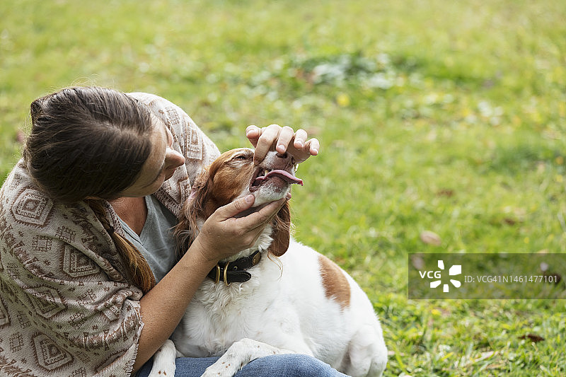 女人检查狗的牙齿图片素材