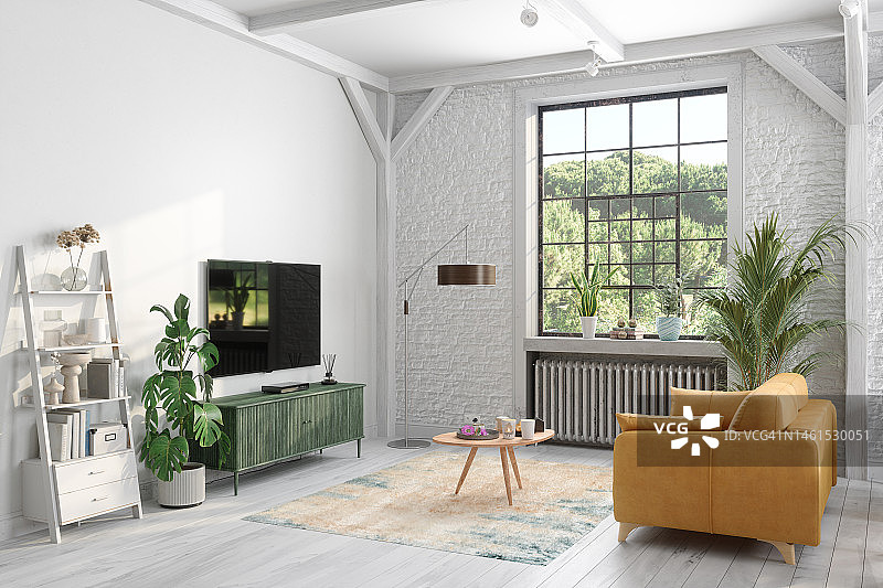 带电视机、皮革扶手椅、落地灯、咖啡桌和盆栽植物的现代客厅内饰图片素材