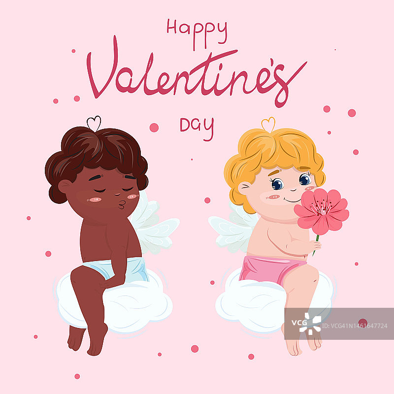 云朵上的黑白丘比特卡通形象矢量插画图片素材