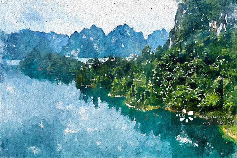 水彩画：泰国素叻他尼考索国家公园的拉差帕拉帕大坝山河风光图片素材