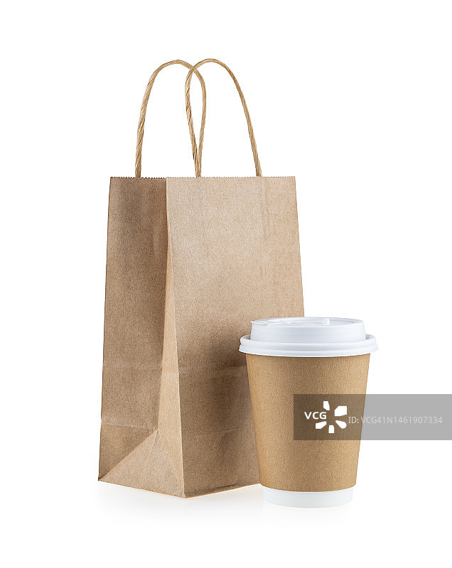 带有咖啡杯的再生牛皮纸购物袋图片素材