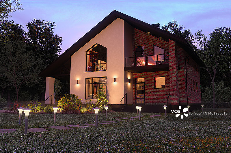 带花园的豪华现代别墅外观（黄昏）图片素材